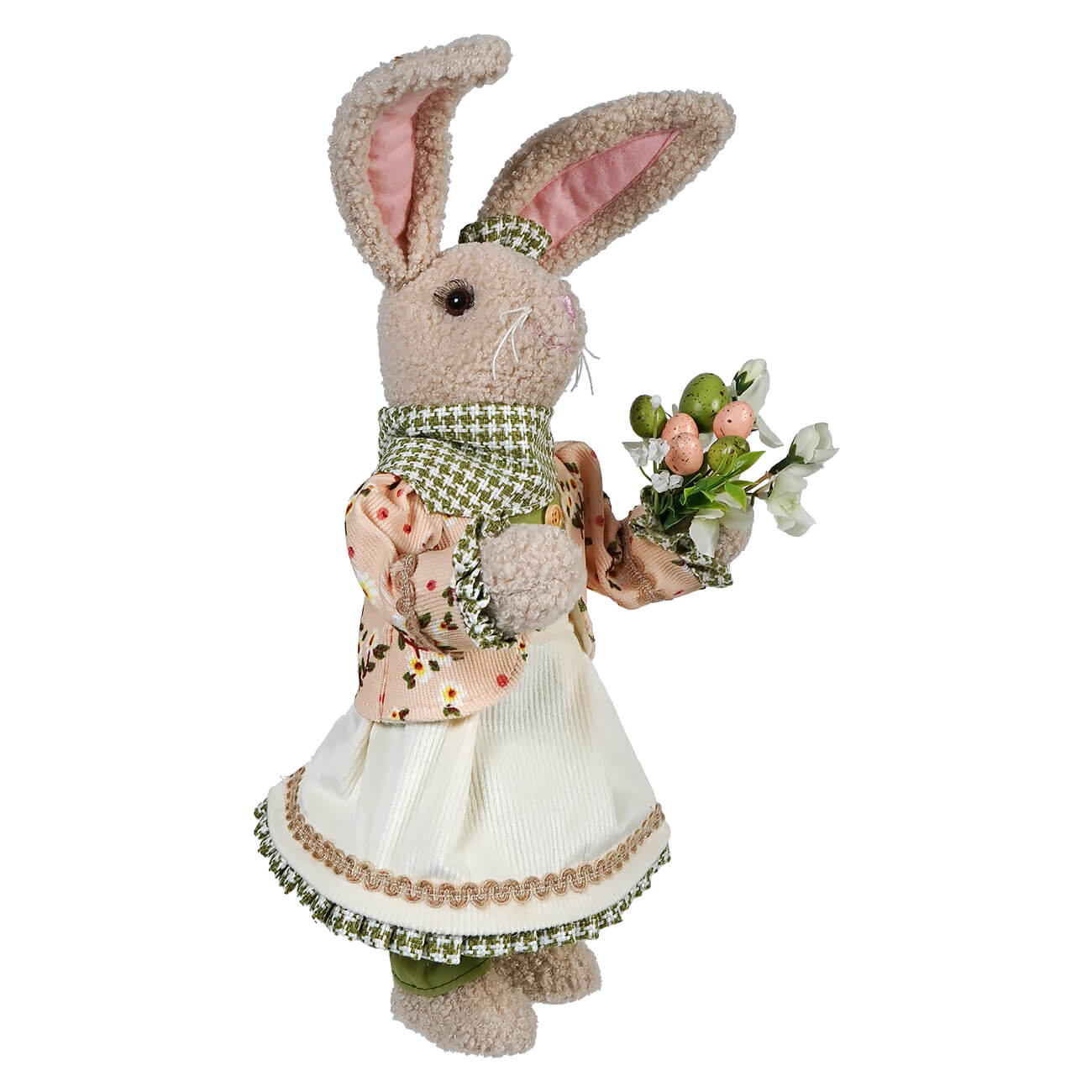 Decorative bunny figurine wearing a dress, apron, and scarf while holding flowers.