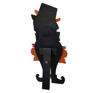 17 inch black wooden halloween cat figurine with orange accents and top hat on plywood stand for happy halloween party