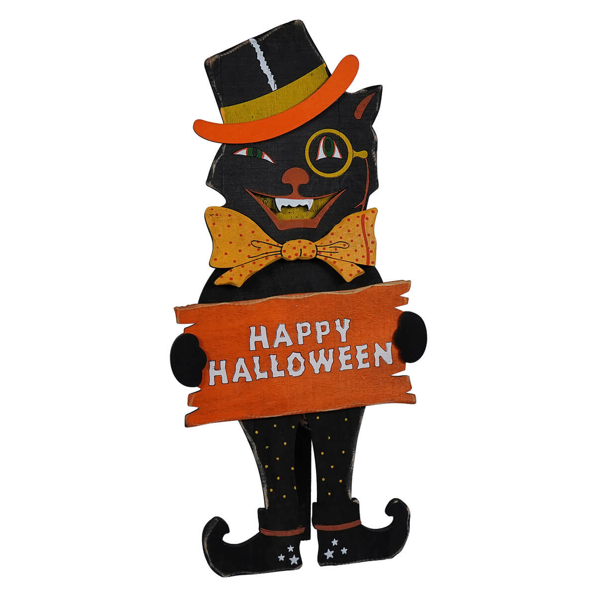 17 inch plywood happy halloween cat decoration in black with orange details and a sturdy plywood stand for halloween cats fans