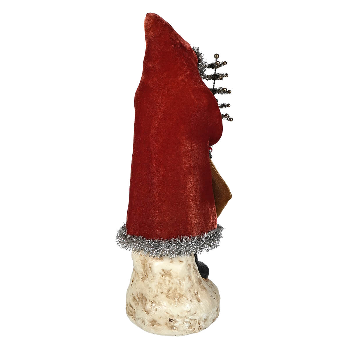 17 inch russet velvet belsnickle gnome figurine with red cap silver tinsel trim and miniature christmas tree on its back