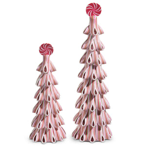 Two candy cane-striped wooden pink ribbon candy trees set with peppermint tops spreading holiday cheer