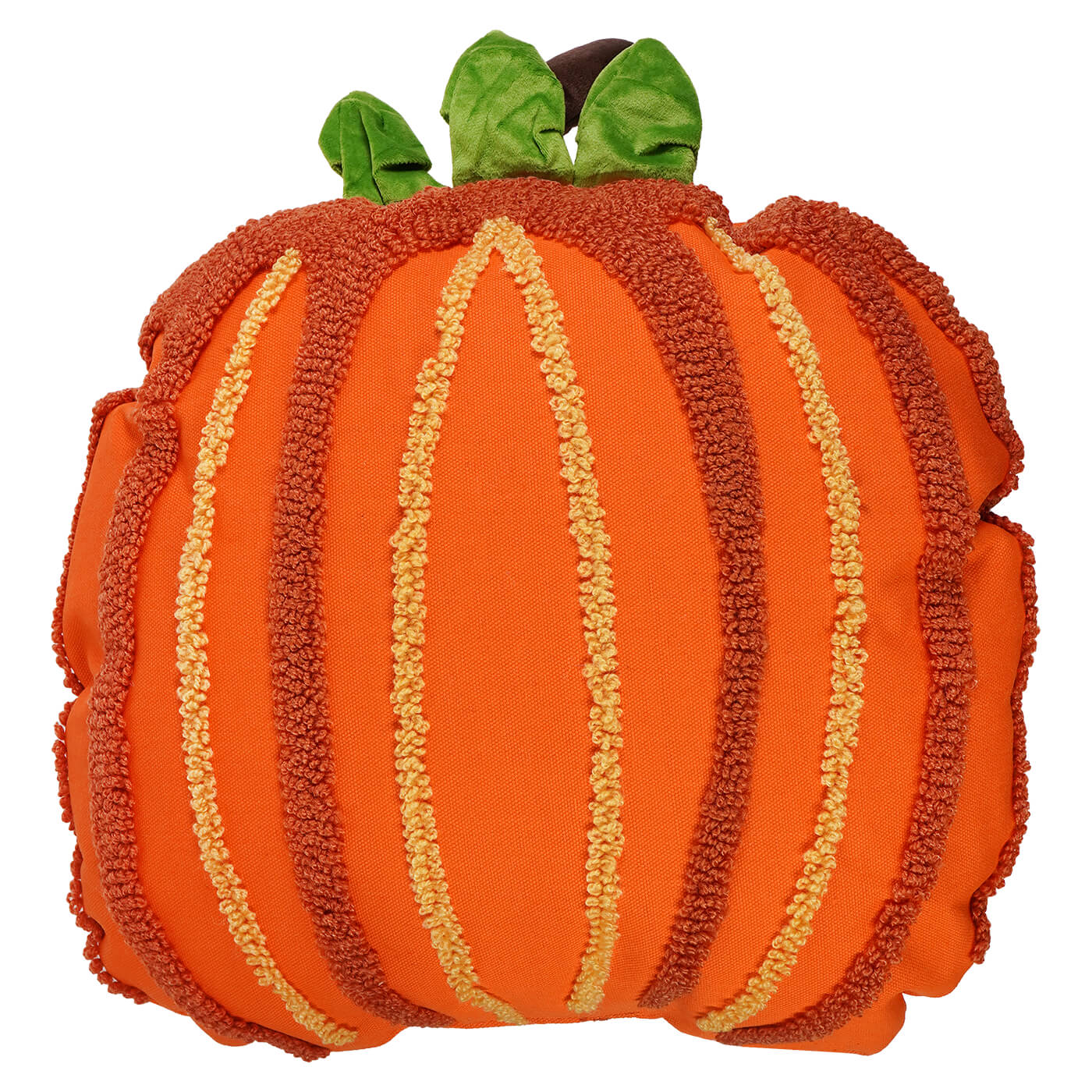 18 inch botanical pumpkin shaped pillow in orange with gold and brown stripes and green leaves for figural decor