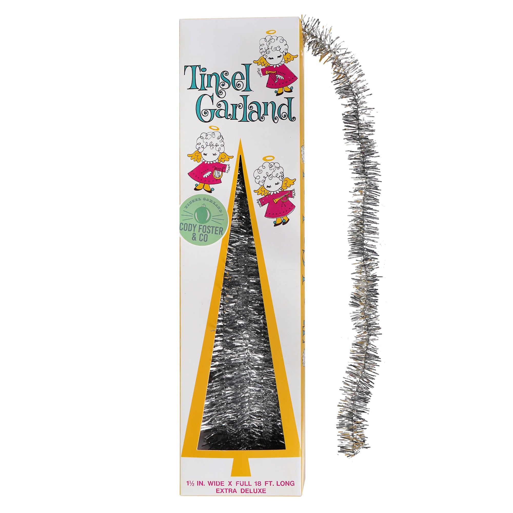 18 ft boxed silver tinsel garland with angel figural decor perfect for tree toppers and glass bead garland accents