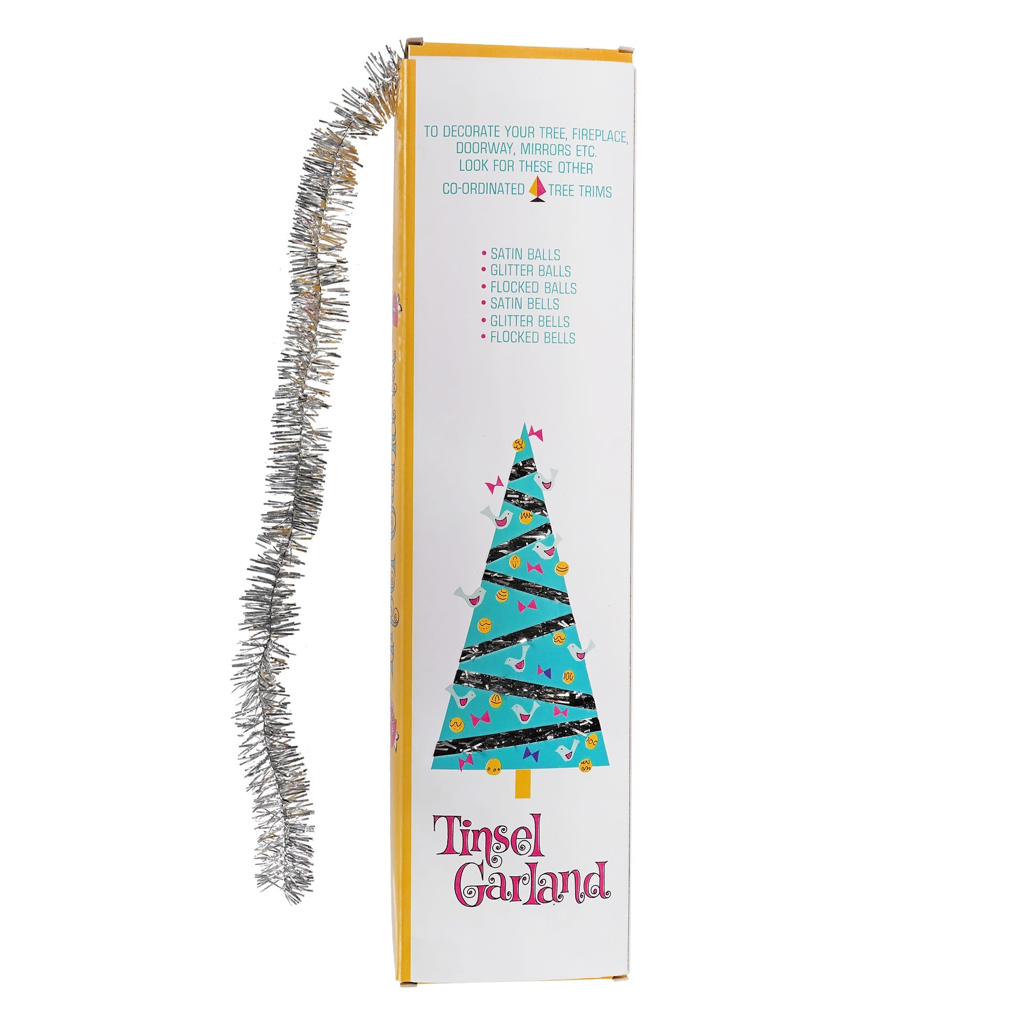 18 ft boxed silver tinsel garland made for figural decor and tree toppers with shiny glass bead garland accents