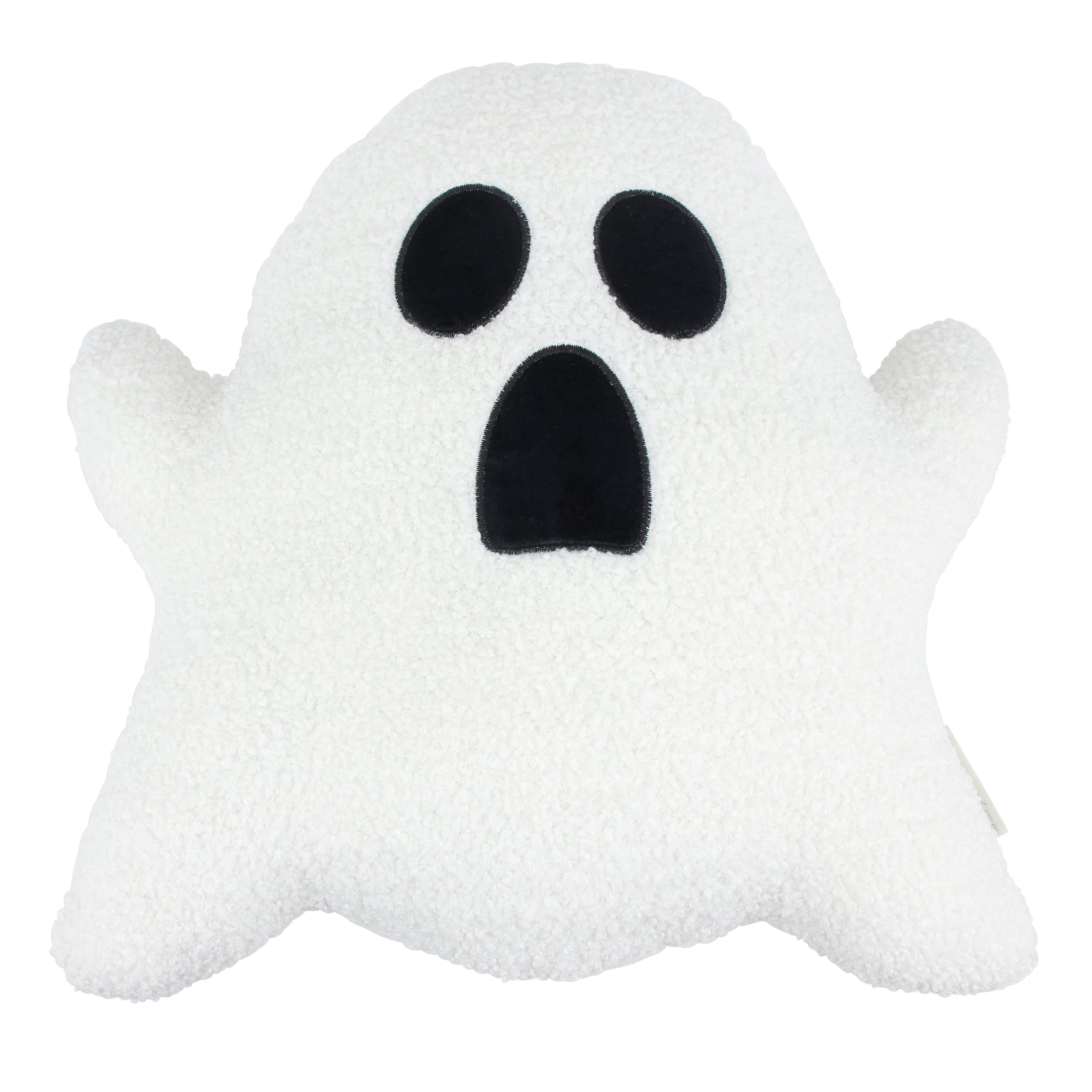 White plush ghost shaped pillow with black embroidered eyes and mouth soft and cozy shaped pillow
