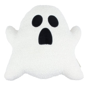 White plush ghost shaped pillow with black embroidered eyes and mouth soft and cozy shaped pillow