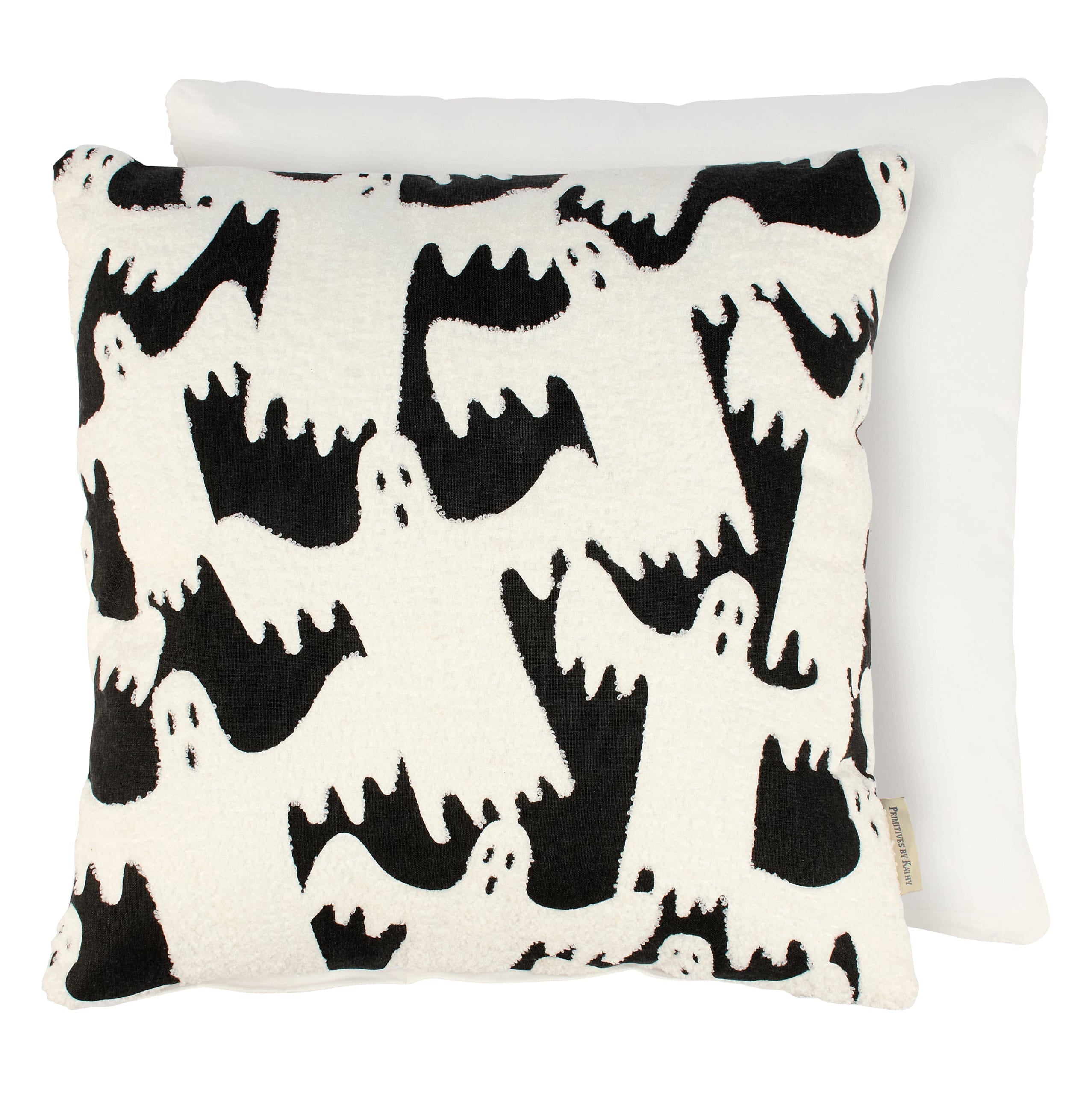 A plush white ghosts pillow with bold black ghost patterns and dripping textured outlines on a white background