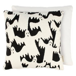 A plush white ghosts pillow with bold black ghost patterns and dripping textured outlines on a white background