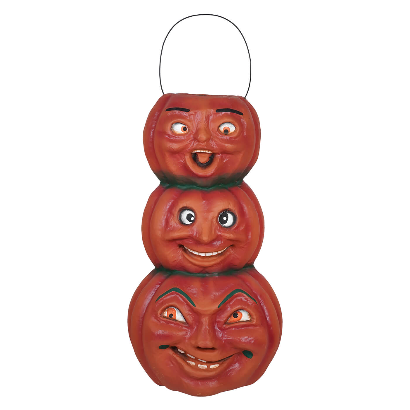 18 large triple stacked pumpkin decoration with painted faces and wire handle from cody foster decor