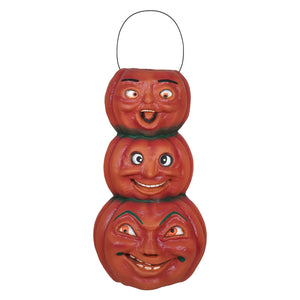 18 large triple stacked pumpkin decoration with painted faces and wire handle from cody foster decor
