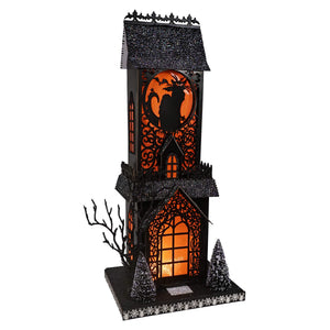 18 inch lighted black cat haunted gothic house lantern with black glitter and glowing orange light for haunted village scene