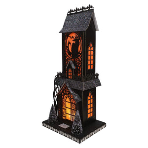 18 inch lighted black cat haunted gothic house lantern with glittery finish and orange windows for haunted village scene