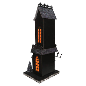 18 inch lighted black cat haunted gothic house with black glitter and orange windows for your haunted village scene