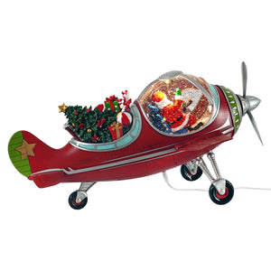 Red and silver lighted spinning airplane water globe featuring santa with gifts and trees inside snow globe cockpit