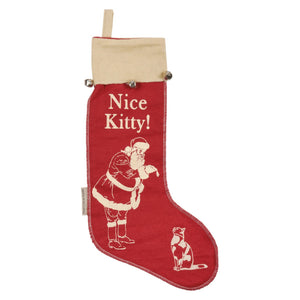 Red merry christmas stocking with cream santa and cat illustrations and three silver bells from the nice kitty stockings