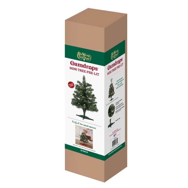 18 inch pre lit mini gumdrops tree in green packed in a brown box with world christmas tree branding