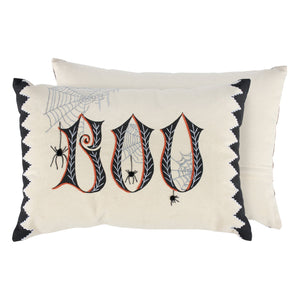 Cream-colored rectangular boo spider pillow with black and orange embroidery perfect for halloween pillows or boo pumpkin pillow fans