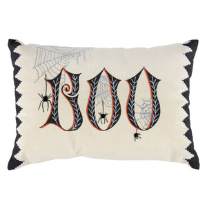 Cream-colored rectangular boo spider pillow with embroidered black and orange letters and spiderwebs, perfect halloween pillow