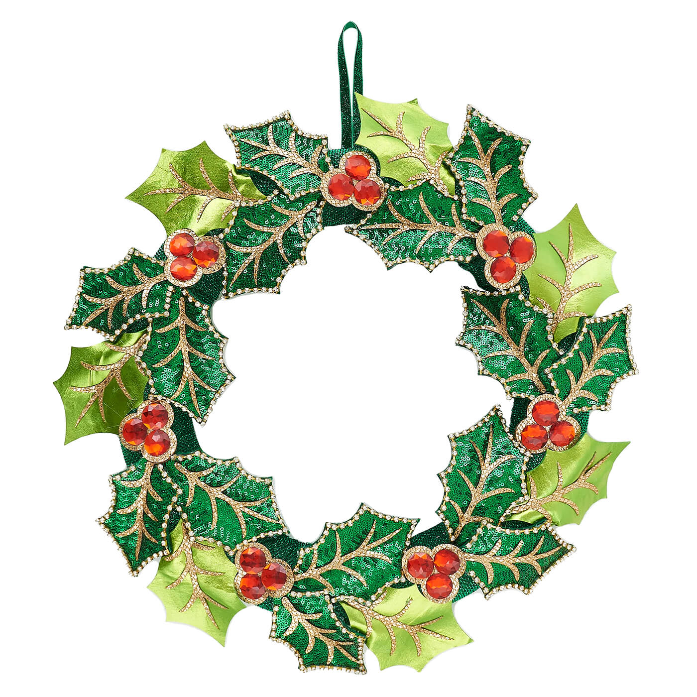A 19 inch christmas wreath with glittery green holly leaves and red berry embellishments for festive decor
