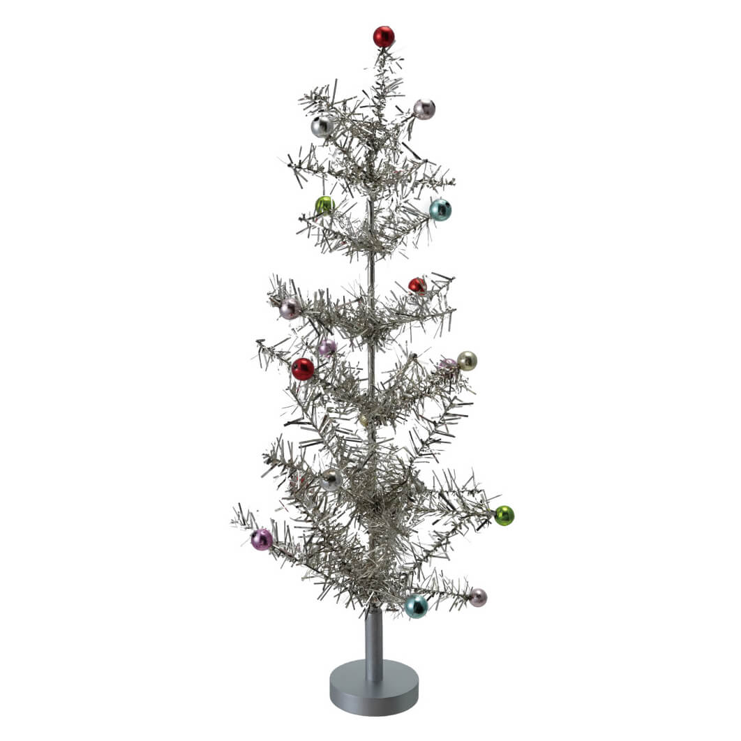 19 inch silver finish tinsel tree with colorful ball ornaments on metal stand perfect for christmas tifeather & tinsel trees