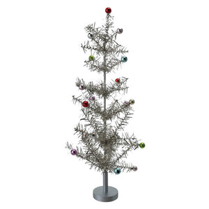 19 inch silver finish tinsel tree with colorful ball ornaments on metal stand perfect for christmas tifeather & tinsel trees