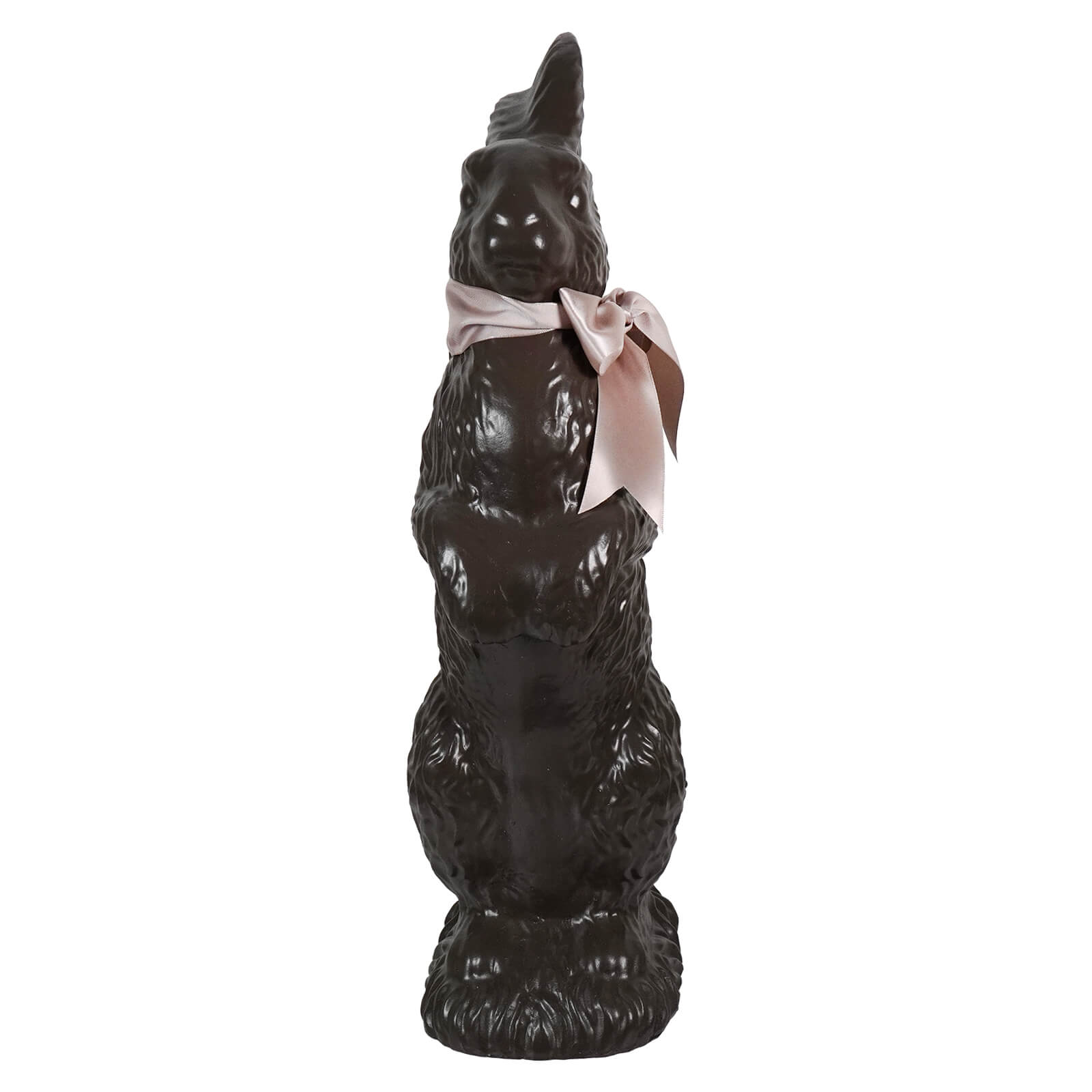 A glossy dark resin standing chocolate bunny with a pink satin bow by regency international easter spreading holiday cheer