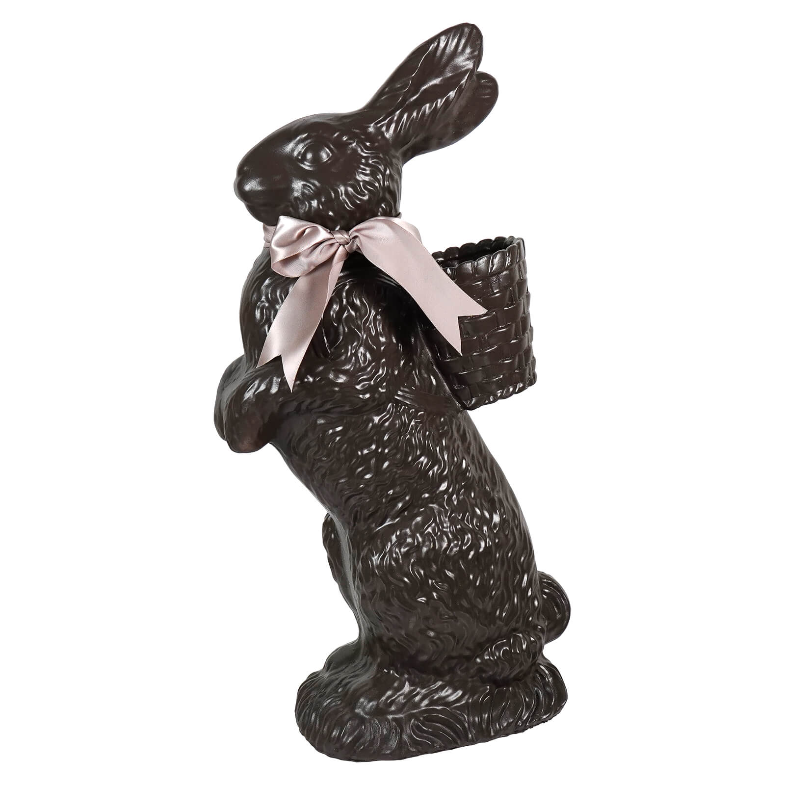 Dark brown resin standing chocolate bunny with woven basket and pink ribbon by regency international easter spreading holiday cheer