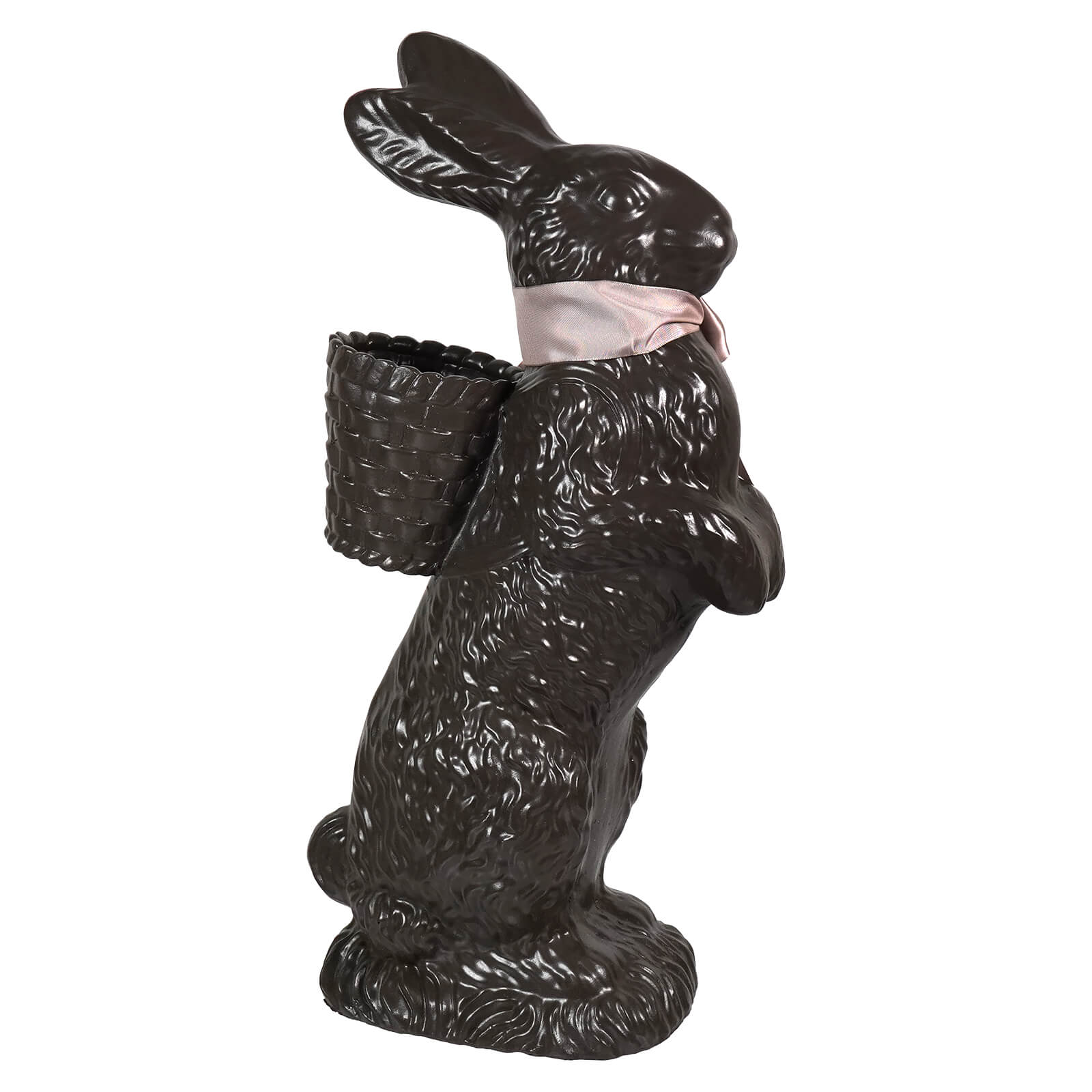 A 20.25 inch large resin dark chocolate standing chocolate bunny with woven basket and pink satin ribbon by regency international easter spreading holiday cheer