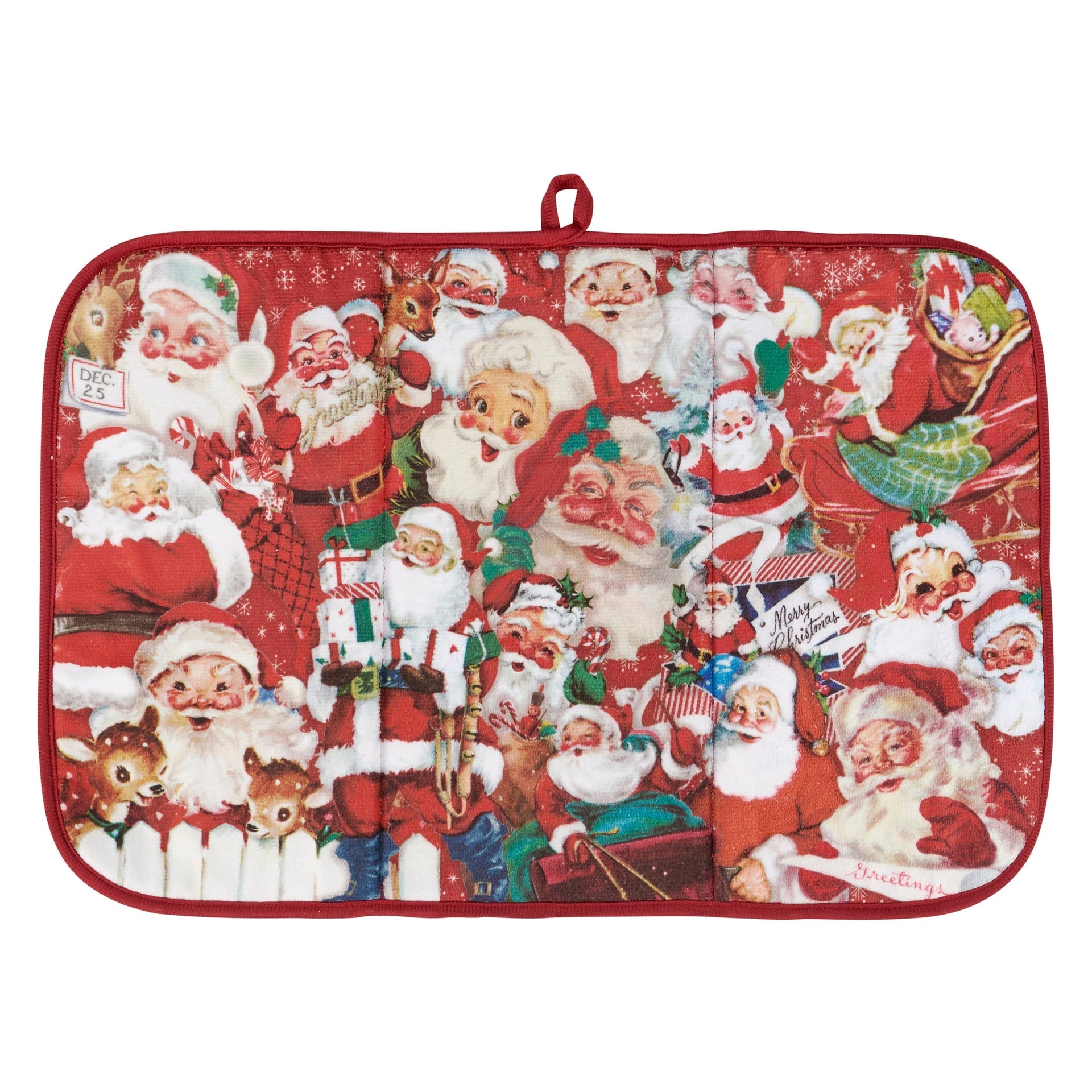 Red quilted christmas towel featuring vintage santa claus collage perfect for holiday towels and drying mat use