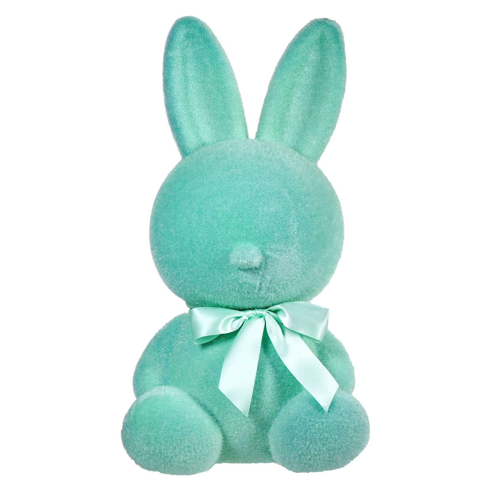 Mint green plush bunny with a matching satin bow around its neck.