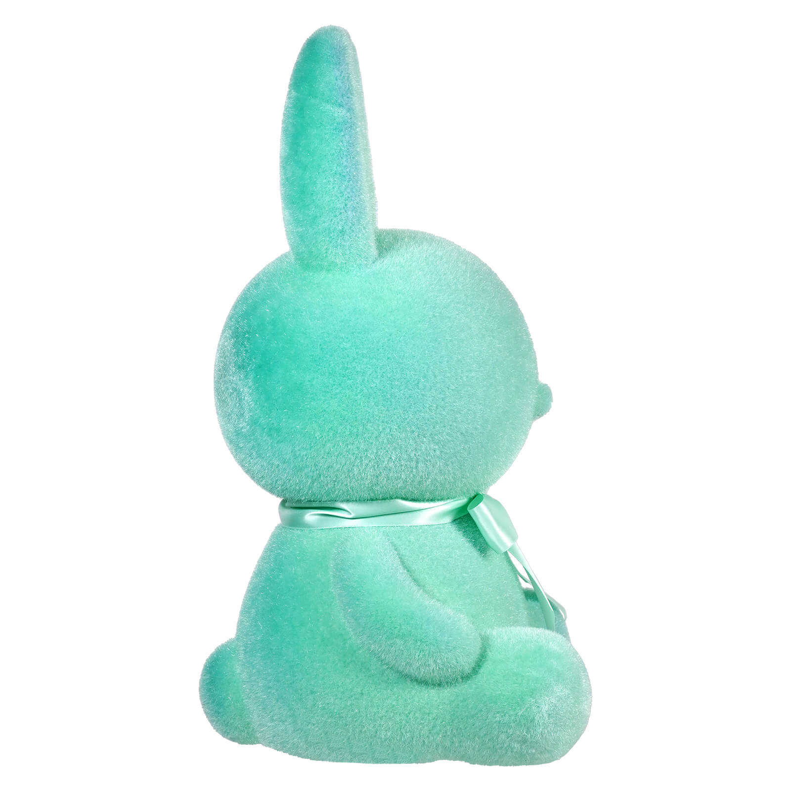 Mint green plush bunny toy viewed from behind.