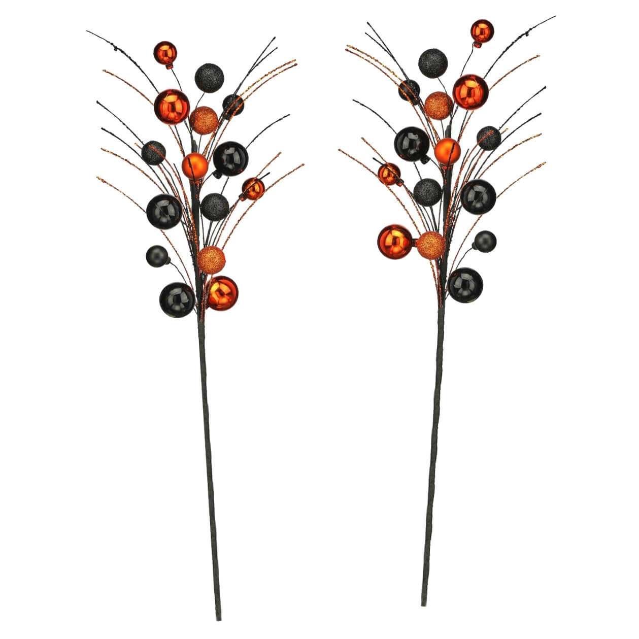 Two 20 inch orange and black glitter halloween ball sprays with black stems and glossy and matte halloween balls