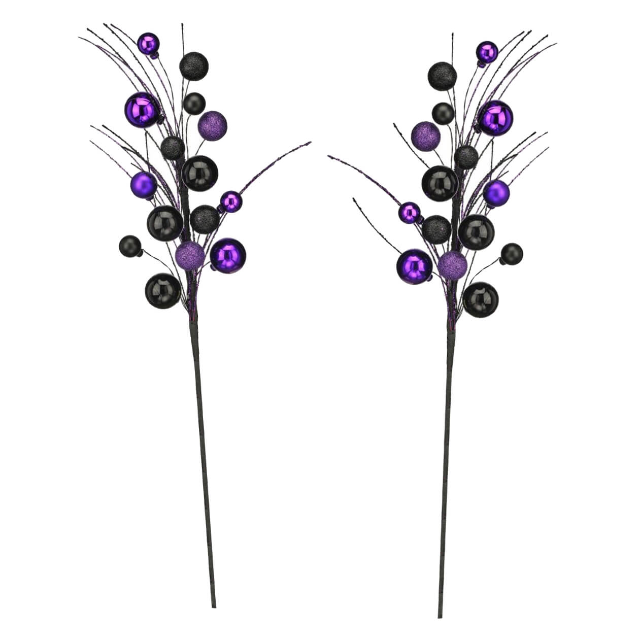 Two 20 inch purple and black glitter halloween ball sprays with glittery berry stems for spooky decor
