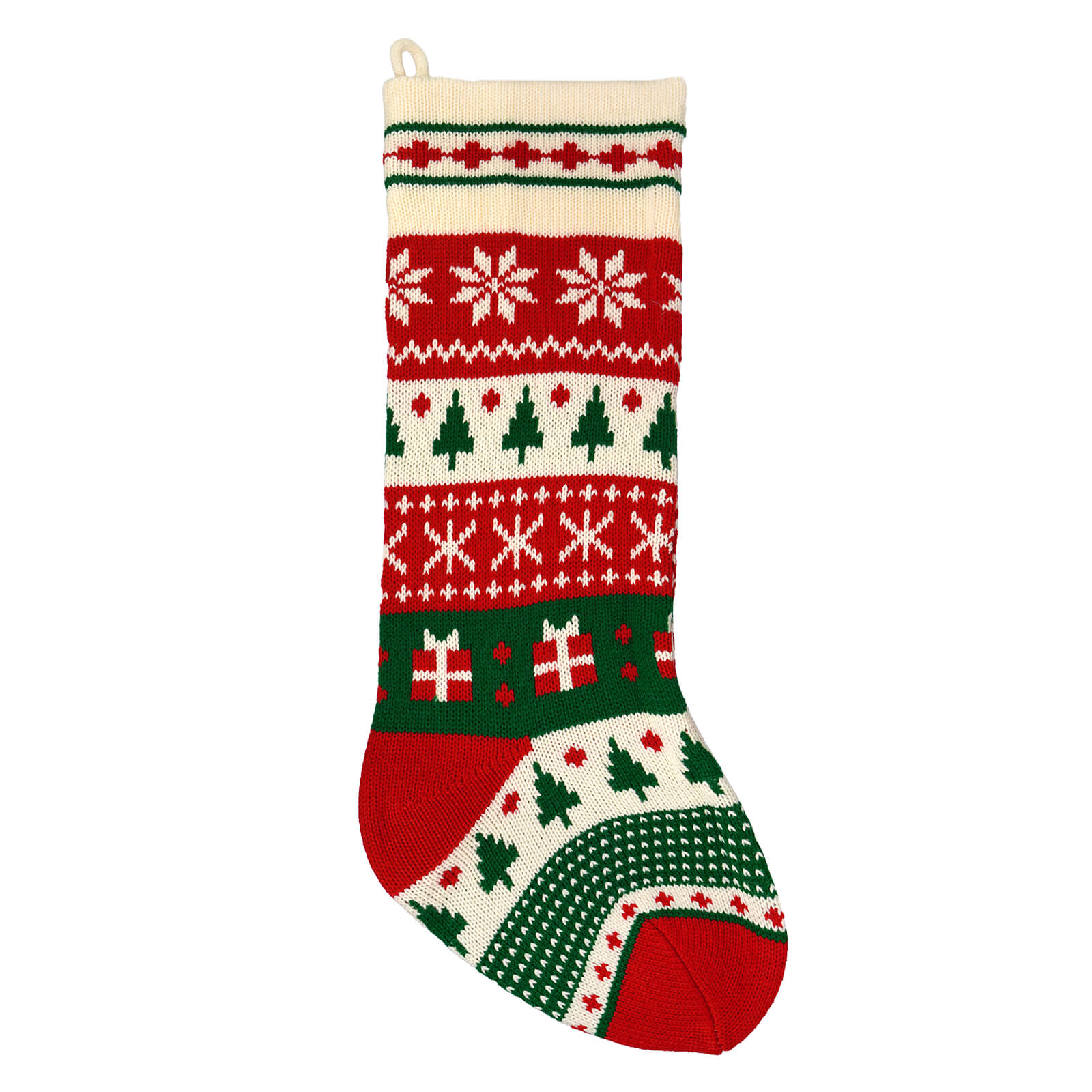 20 inch red green and ivory knit christmas stocking with nordic snowflake pine tree patterns perfect for stocking holders
