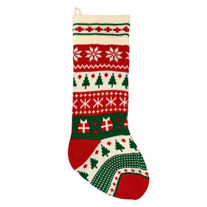 20 inch red green and ivory knit christmas stocking with nordic snowflake pine tree patterns perfect for stocking holders