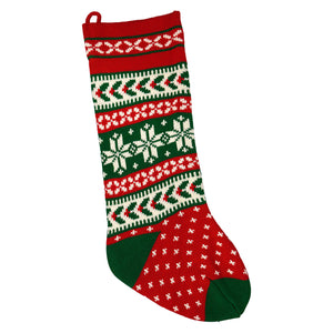 20 inch red green and ivory knit christmas stocking with nordic snowflake and holly pattern perfect for stocking holders