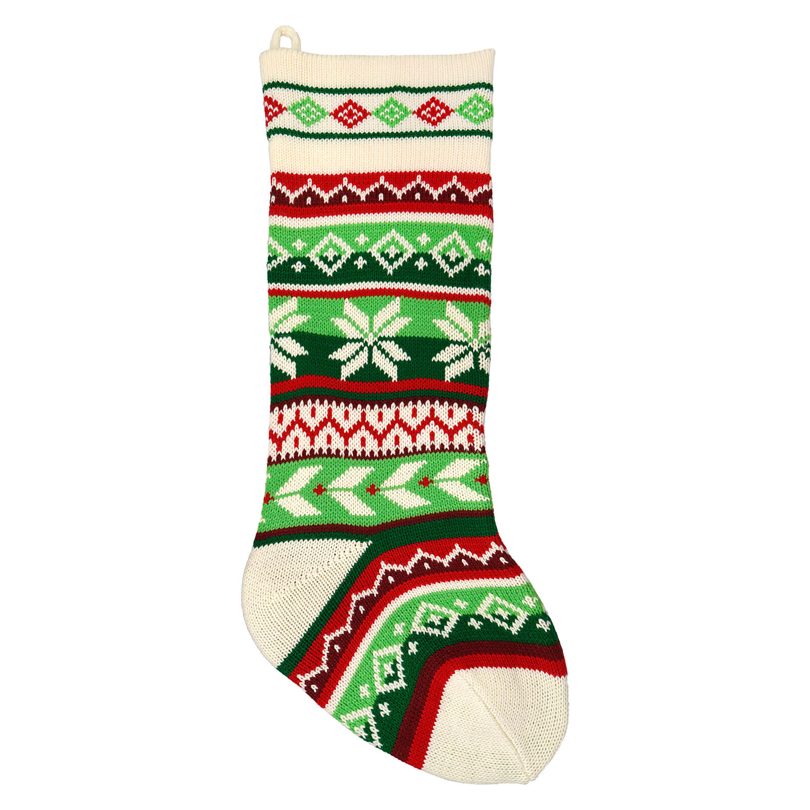A 20 inch red green and ivory knit snowflake christmas stocking with traditional nordic pattern for stocking holders