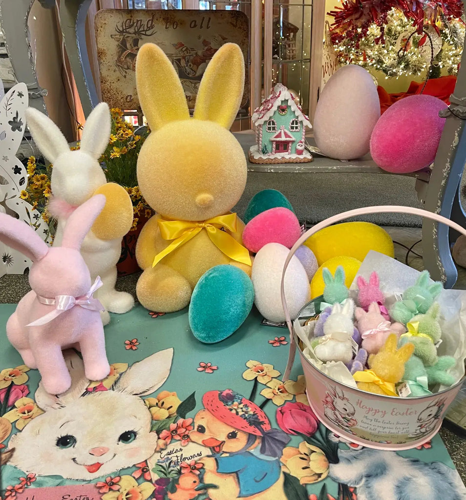 Fuzzy Easter Bunnies, Chicks and eggs are a fun way to decorate for Easter.