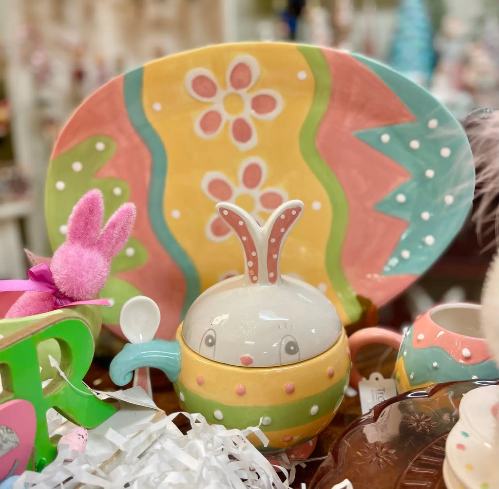 Johanna Parker's Ceramic Egg Shaped Platter and Easter Dottie Bowl with Spoon