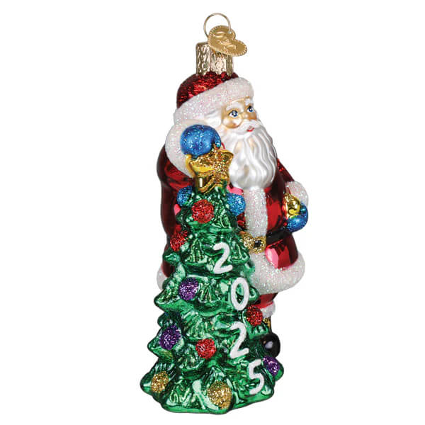 Red and white world christmas glass santa with tree ornament featuring a green glittery tree and 2025 in silver