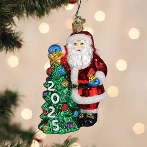 Red and white world christmas glass santa with green tree and silver 2025 numbers christmas glass ornament