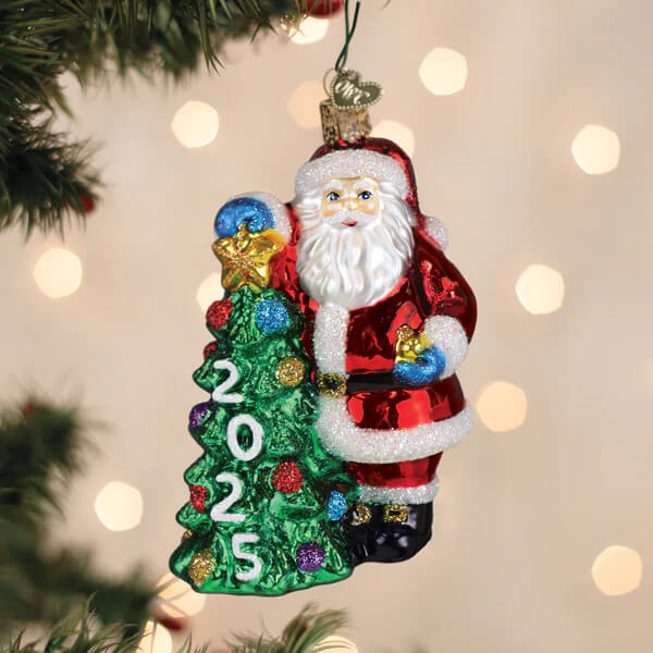 Red and white world christmas glass santa with green tree and silver 2025 numbers christmas glass ornament