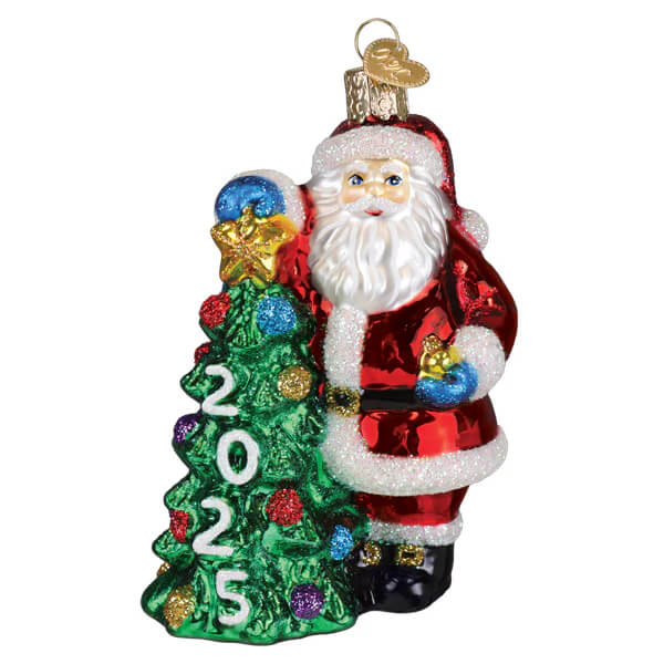 Red and white world christmas glass santa with tree ornament holding green tree with colorful details 2025