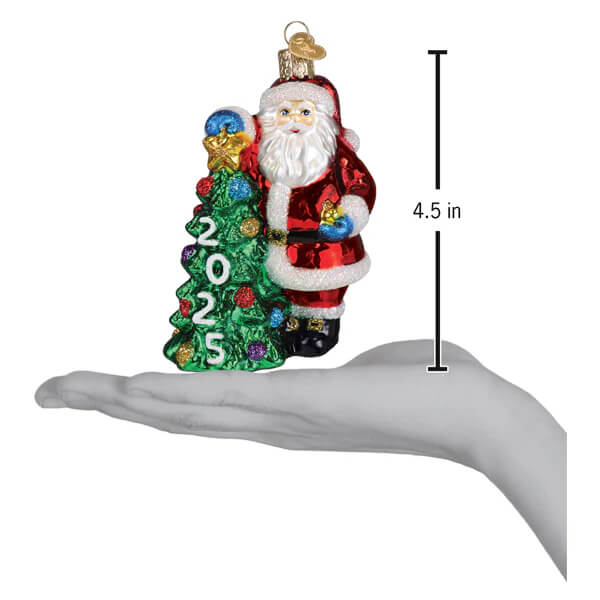 Red and white world christmas glass santa holding green 2025 tree christmas glass ornament perfect for holiday decor