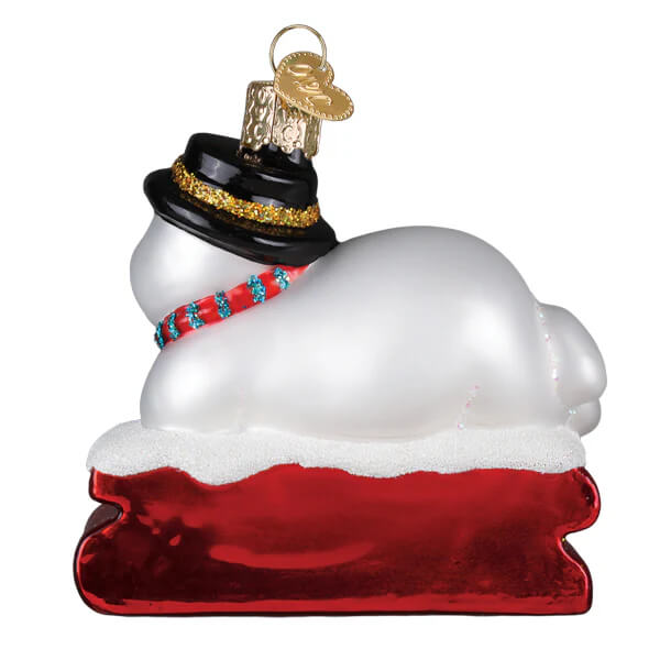 2025 snowman ornament glossy white glass with black top hat gold trim and red blue scarf by family owned world christmas
