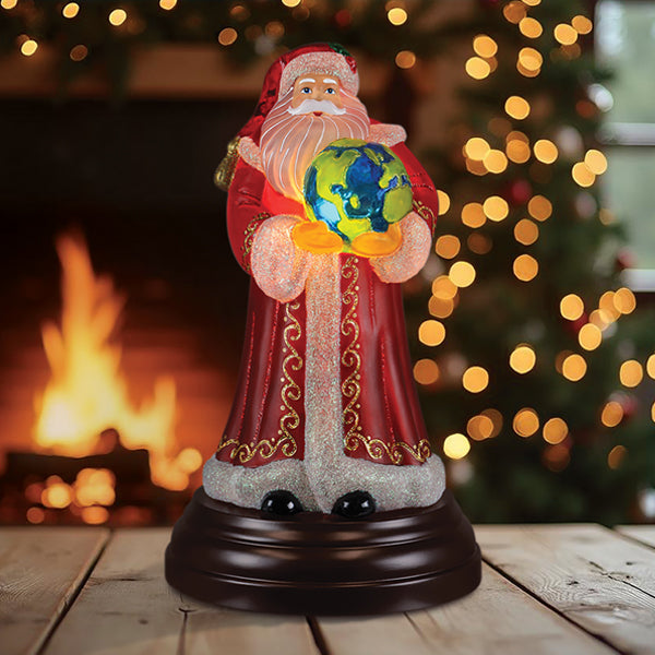 Red and gold glittery peace santa light figurine holding a glowing globe christmas lighted glass decor for 2025