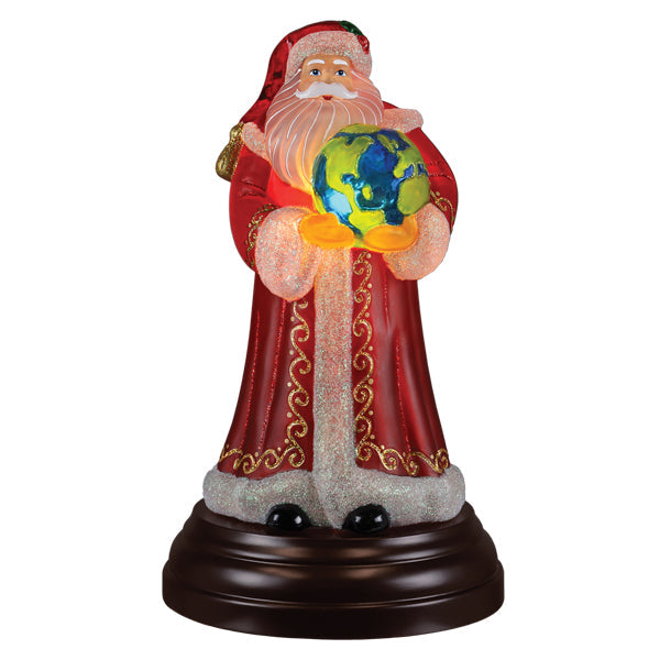 A 2025 world peace santa light figurine in a red robe holding a glowing globe christmas lighted glass decor