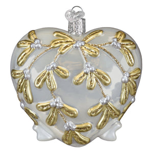 2026 heart ornament is a glass heart ornament with gold and silver mistletoe designs perfect as a glittered heart ornament