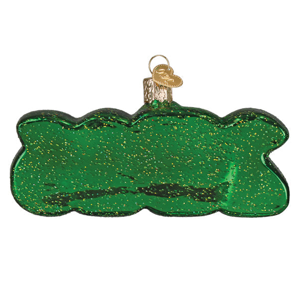 Green glittery glass christmas ornament with scalloped edge and gold hanger from 2026 santa workshop santa ornament