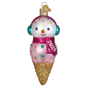 2026 snowman ornament with pink and gold glitter ice cream cone design, teal earmuffs, festive scarf from world christmas family owned